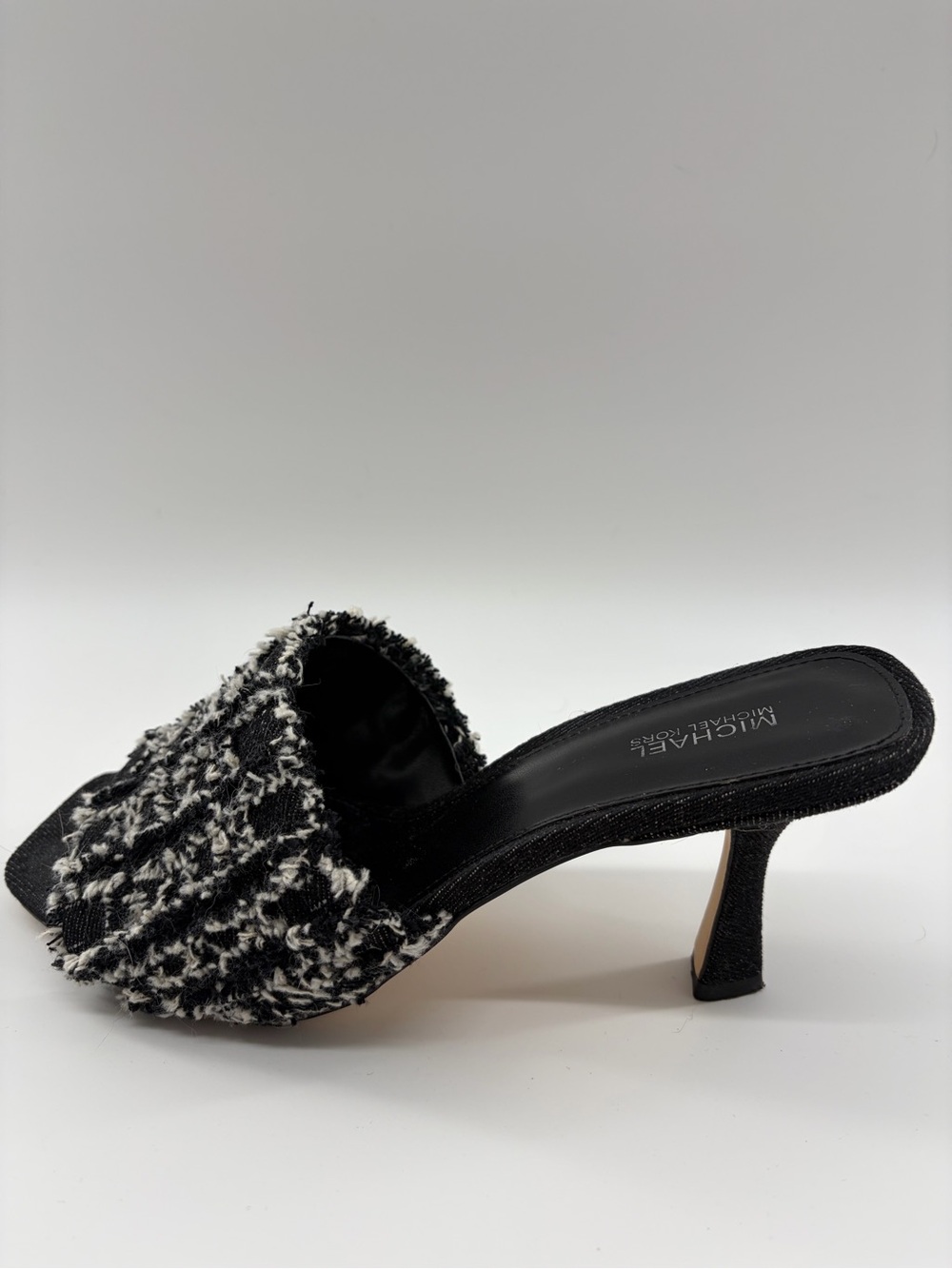 MICHAEL Michael Kors Tessa Black & White Frayed Tweed Slide Mules size 8.5 Heels